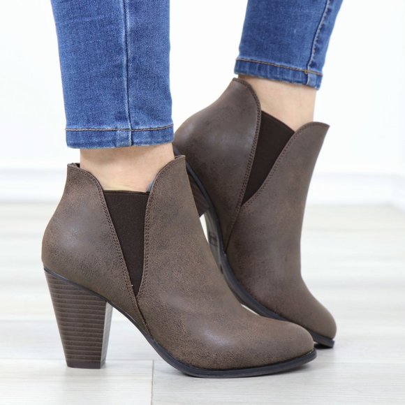 Shoes - Chelsea Cone High Heel Ankle Boots Brown Synthetic Leather Pointed Toe